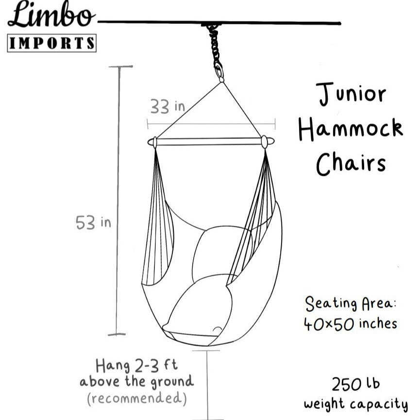 Diagram of a hanging hammock chair with dimensions and Limbo Imports branding.