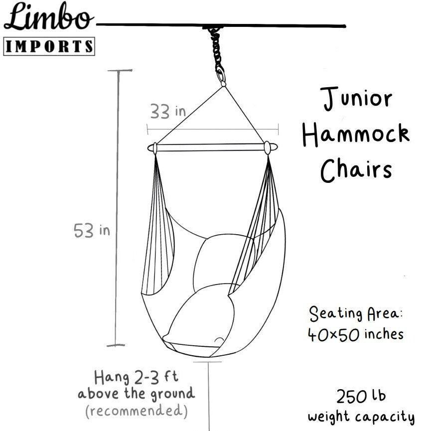Diagram of a junior hammock chair with dimensions and seating area details, branded as Limbo Imports.