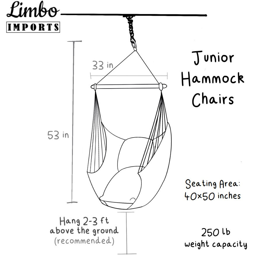Diagram of a junior hammock chair with dimensions and seating area details, branded as Limbo Imports.