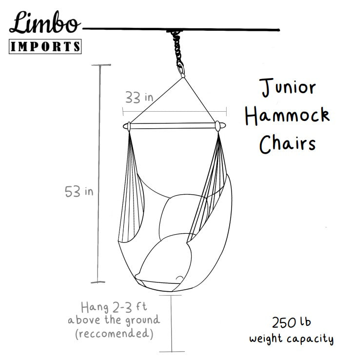 Diagram of a junior hammock chair with dimensions and weight capacity, branded as Limbo Imports.