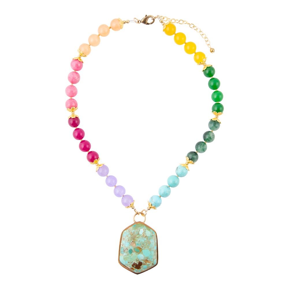 Multicolored beaded necklace with a large green pendant on a white background