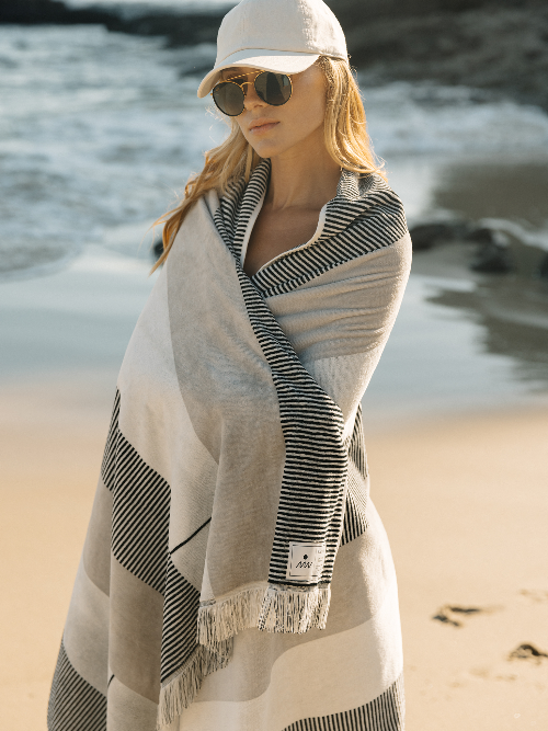 Woman on a beach wearing a striped poncho, sunglasses, and a cap.