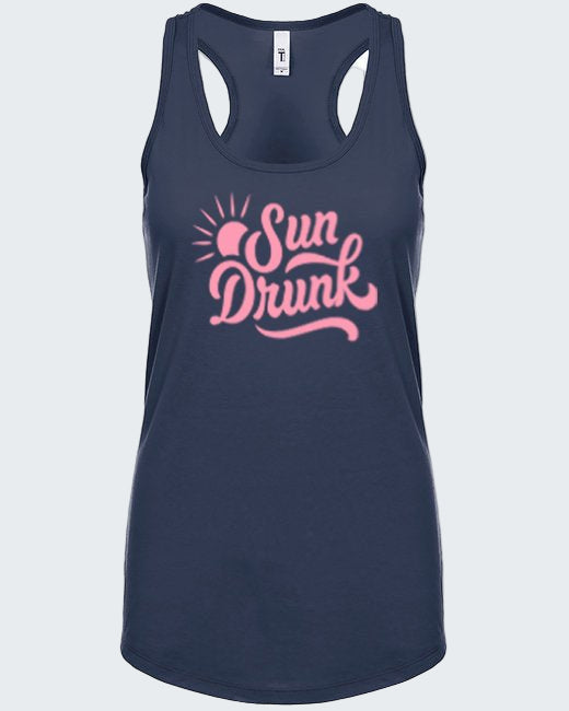 Navy tank top with pink 'Sun Drunk' text on a white background