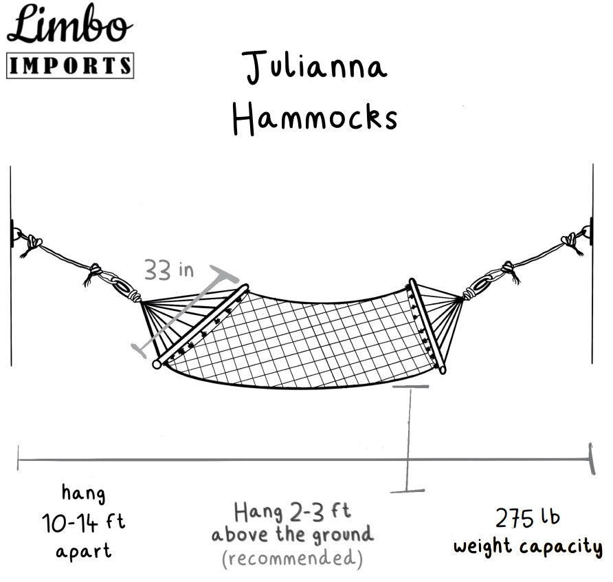 Diagram of a Julianna Hammocks with dimensions and hanging instructions on a white background.
