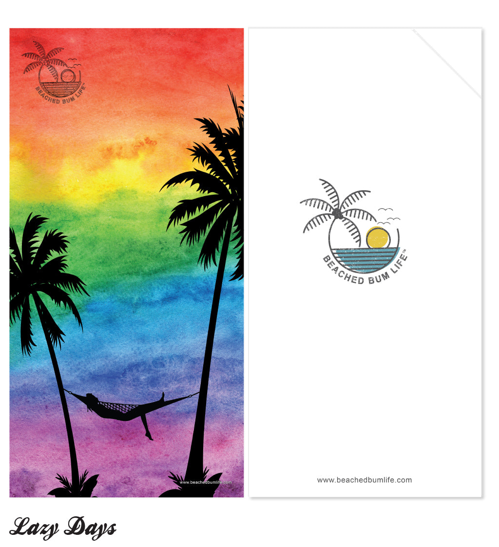 Colorful watercolor design with palm trees and a hammock, featuring 'Beached Bum Life' branding.