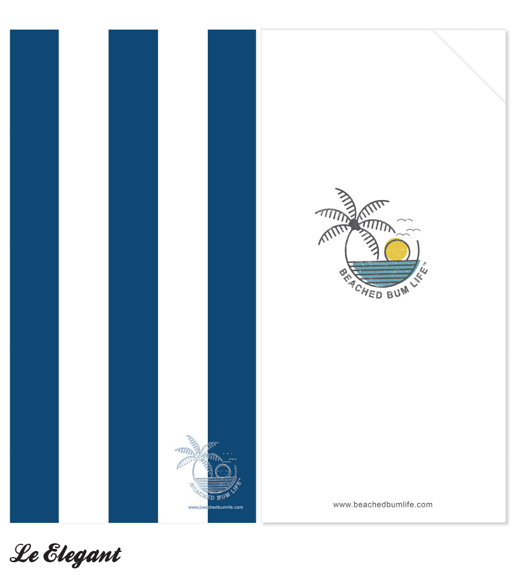 Design with blue and white stripes and a palm tree logo on a white background