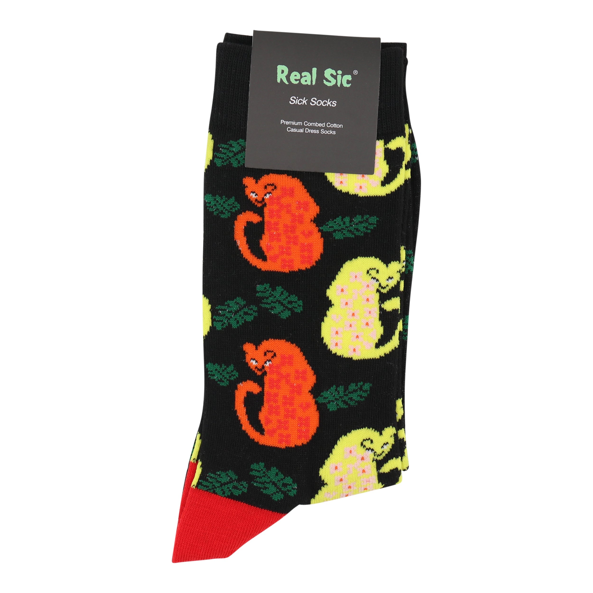 Pack of socks with colorful designs on a black background, featuring the brand 'Real Sic'.