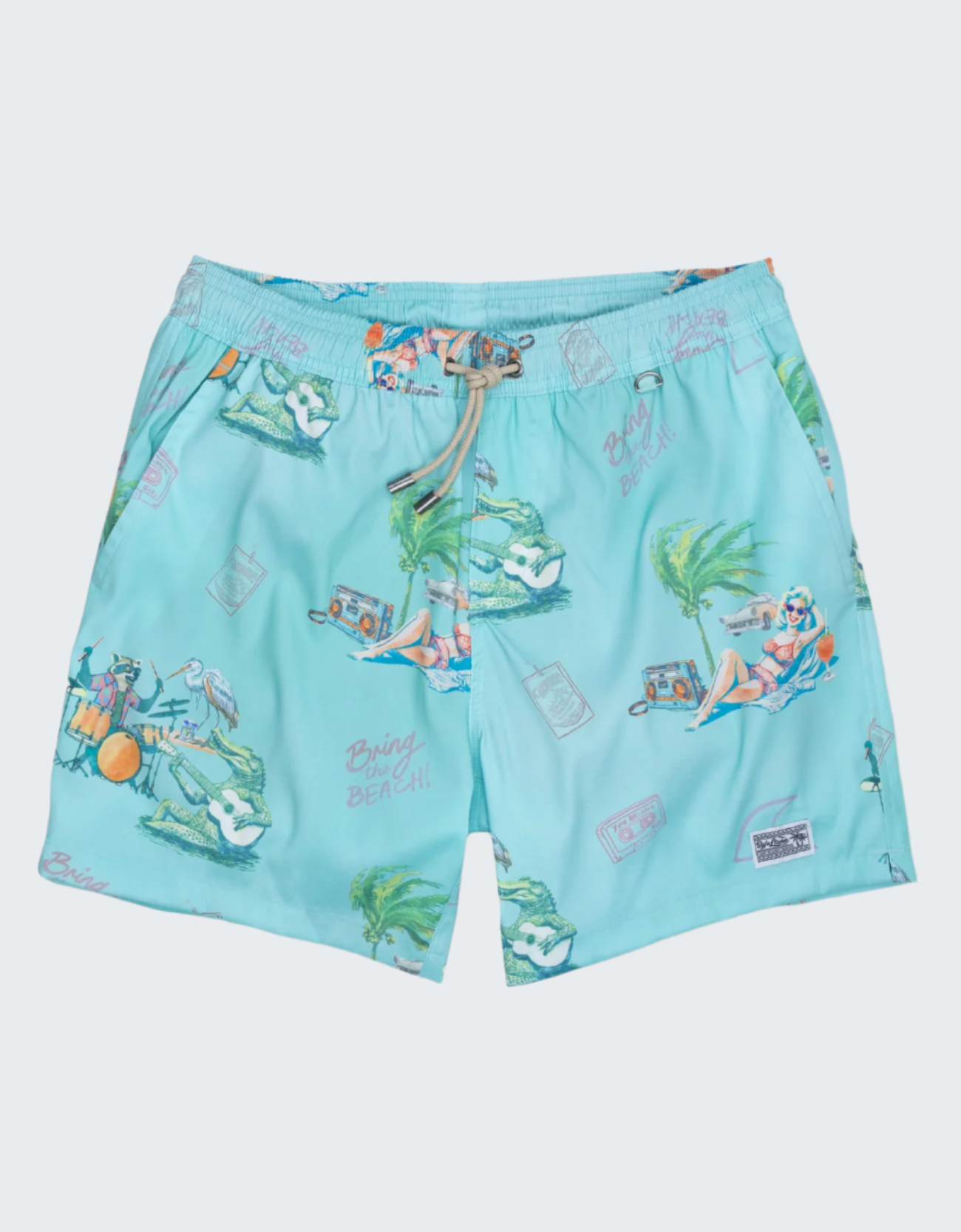 Light blue shorts with tropical print on a white background