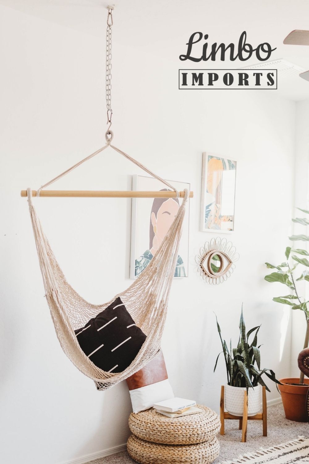 Beige hammock chair in a room with plants and decor, featuring 'Limbo Imports' branding.