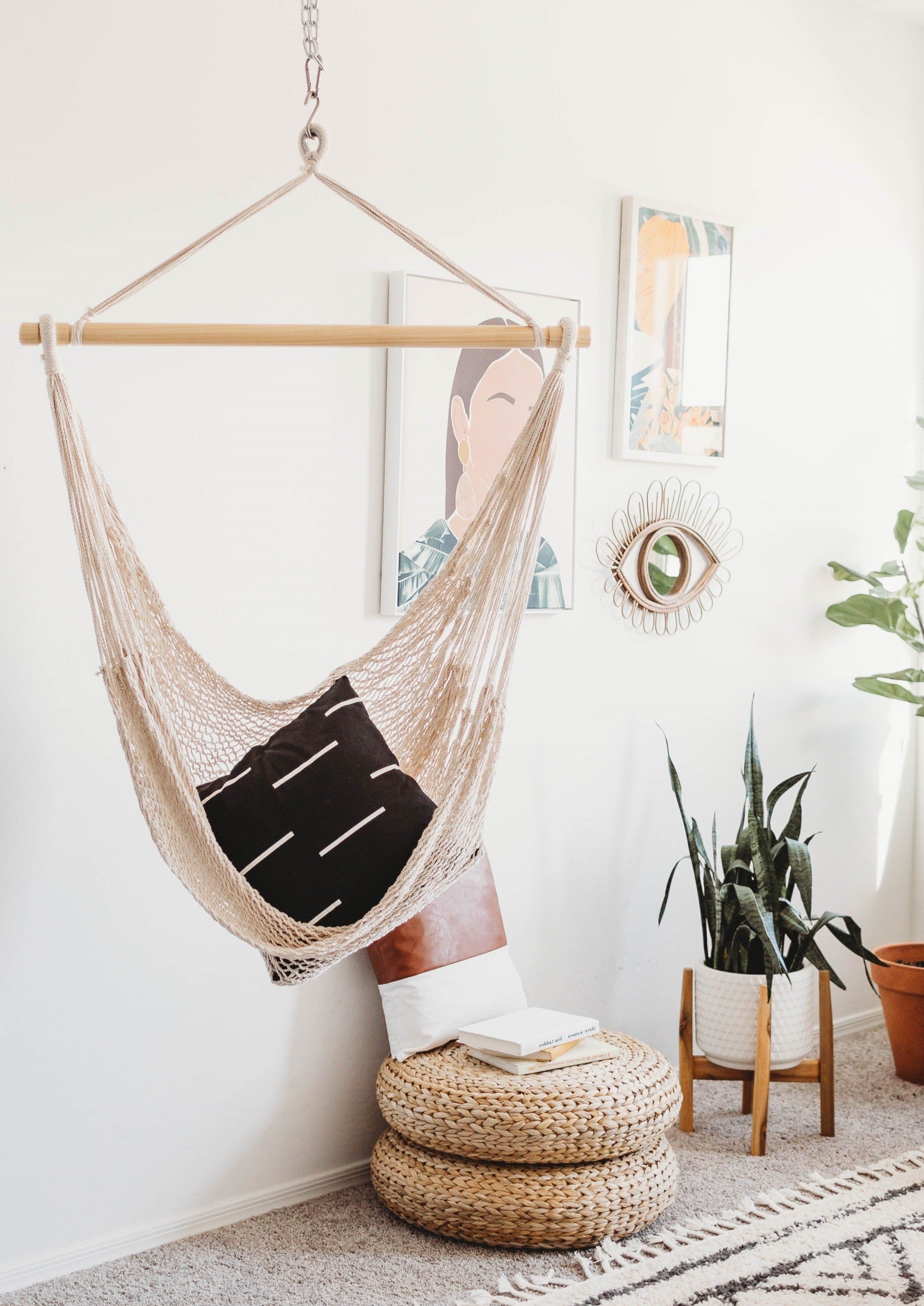 Hanging chair with a pillow in a room with plants and artwork on the wall.