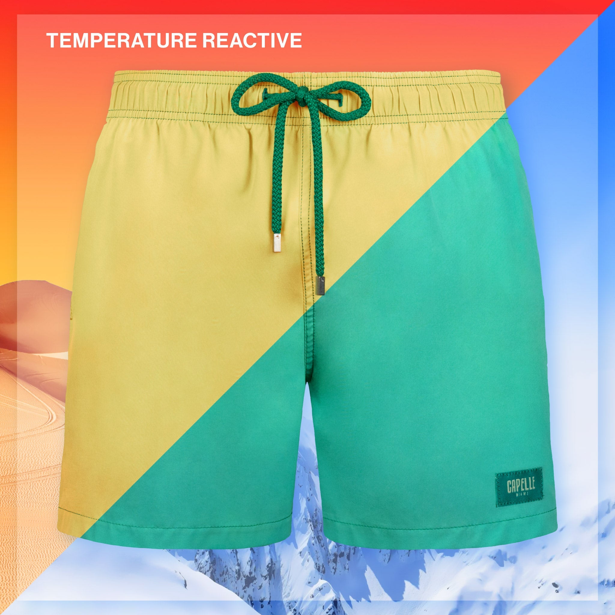 Color-blocked shorts with yellow and green sections on a gradient background