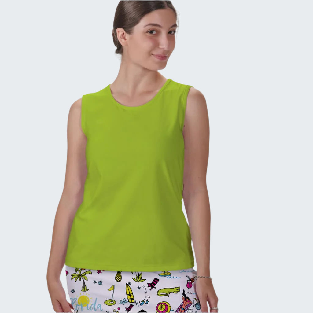 Woman wearing a bright green sleeveless top on a white background