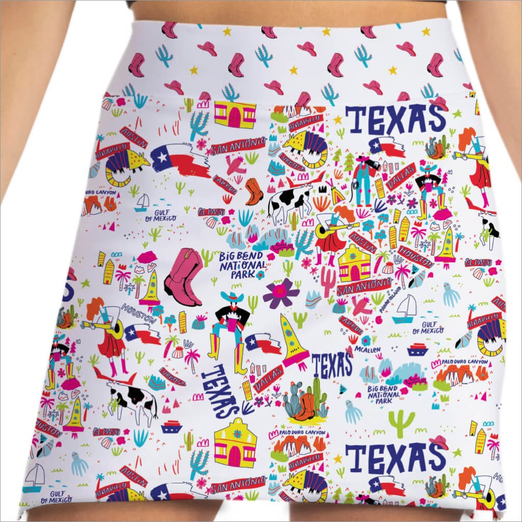 Skirt with colorful Texas-themed pattern on a white background