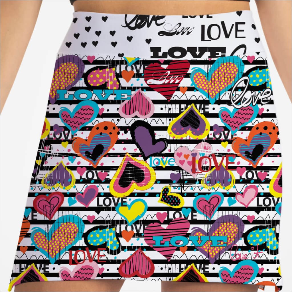 Skirt with colorful heart and 'LOVE' pattern on a white background