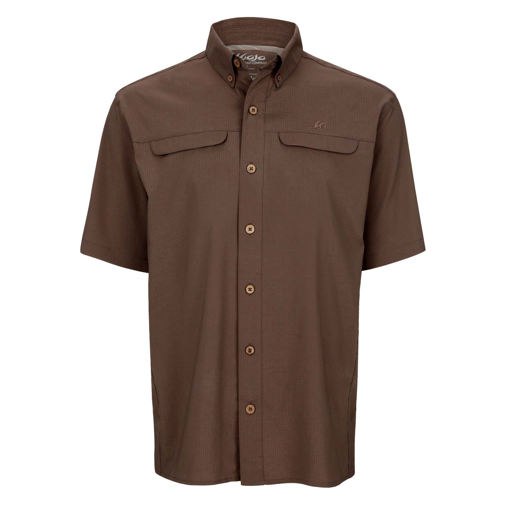Brown short-sleeve shirt with button details on a white background