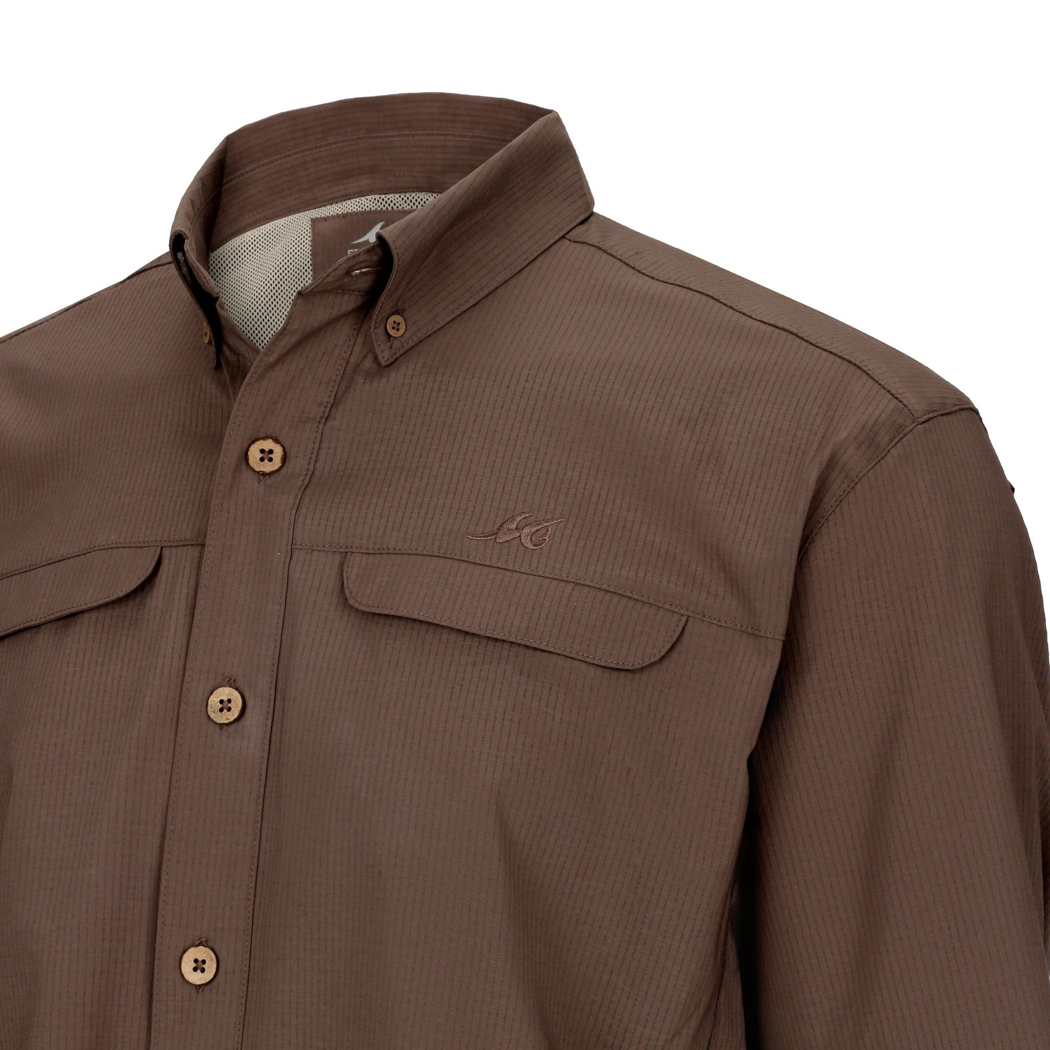 Brown shirt with button details on a white background