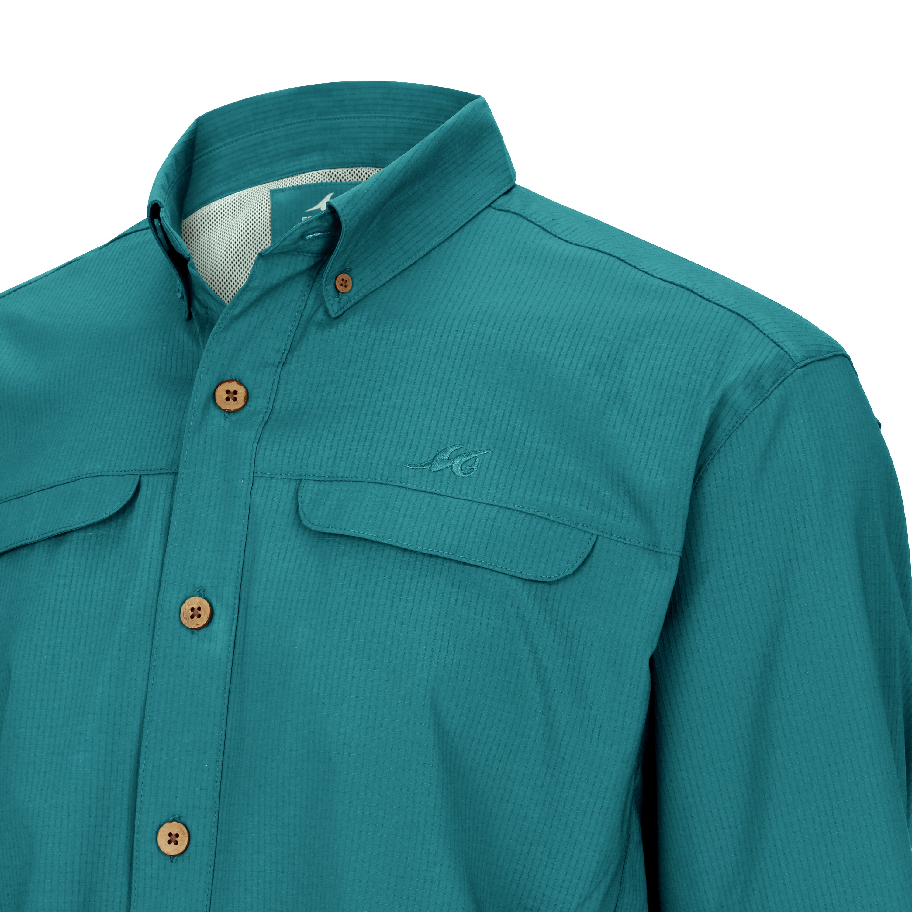 Teal shirt with button details on a white background