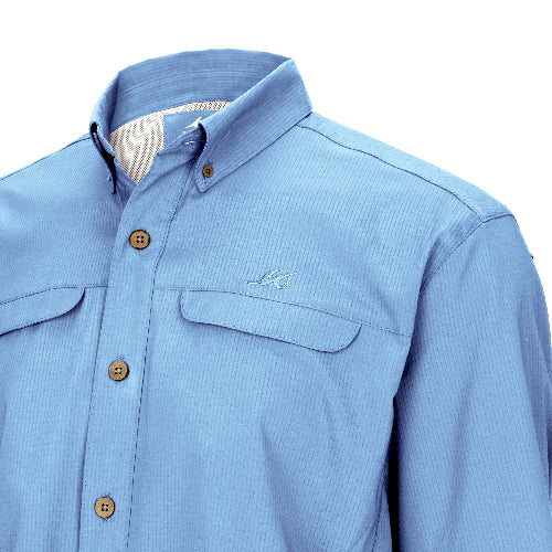 Light blue button-up shirt with a collar and pocket on a white background