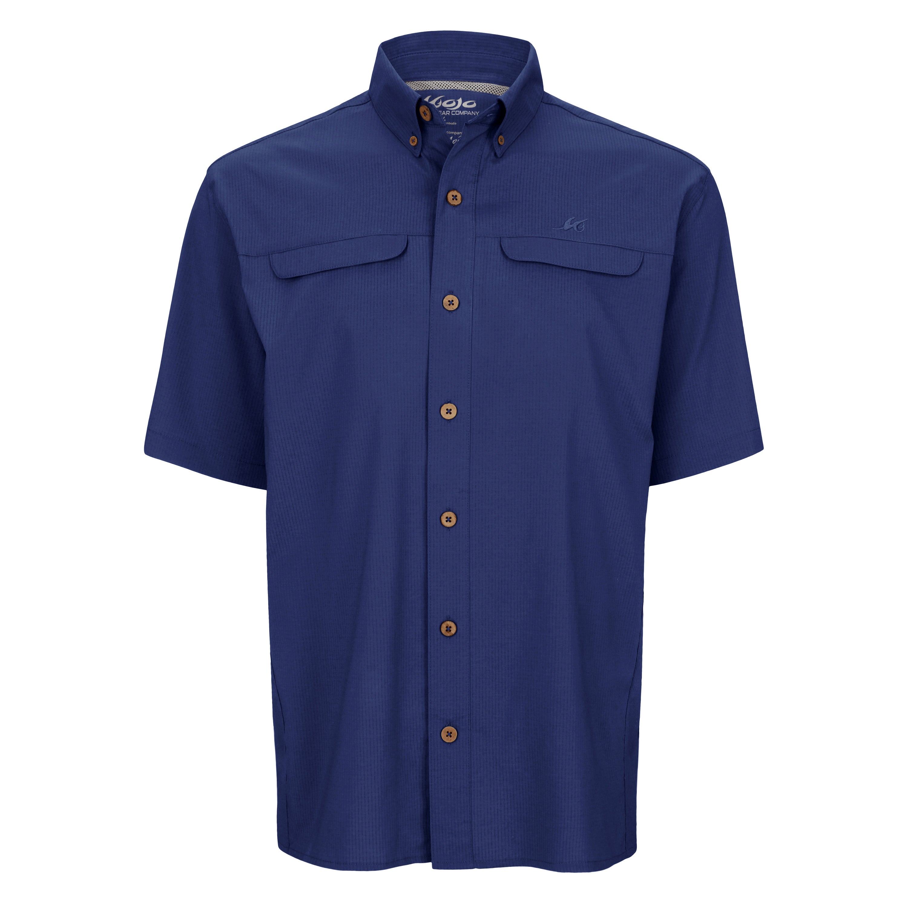 Blue short-sleeve shirt with button details on a white background