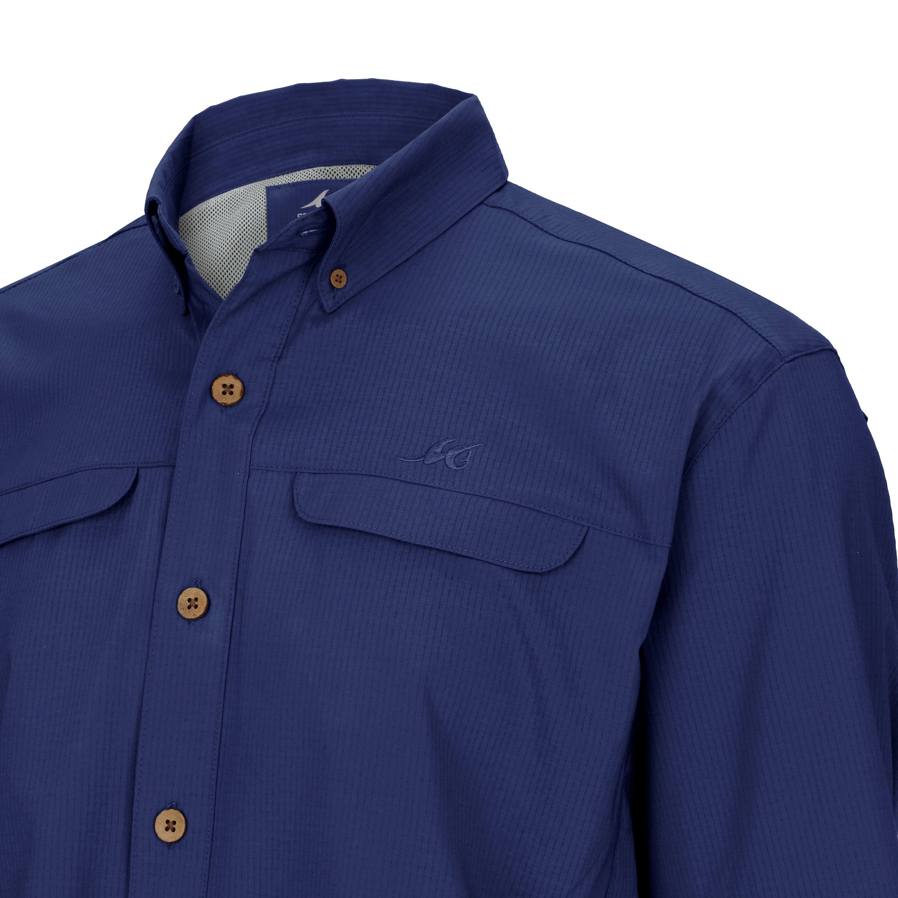 Blue shirt with button details on a white background