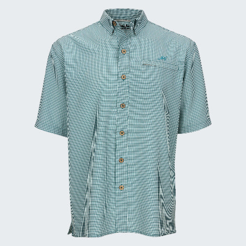 Green checkered short-sleeve shirt on a white background