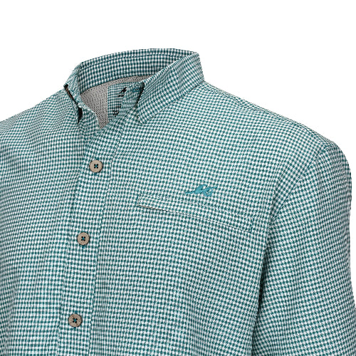 Green checkered shirt with a brand logo on a white background
