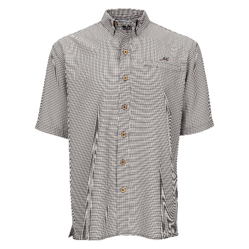 Short-sleeve checkered shirt with brand logo on a white background