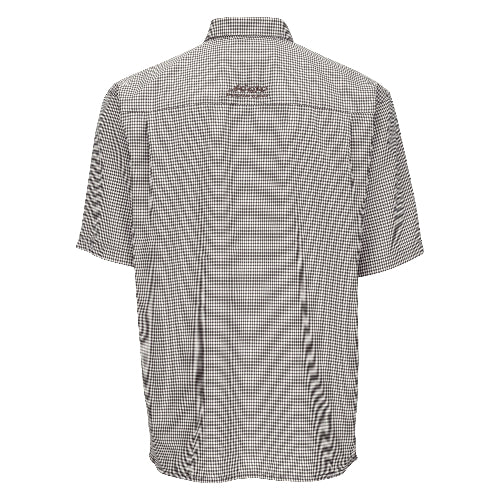Back view of a checkered polo shirt with a brand logo on a white background