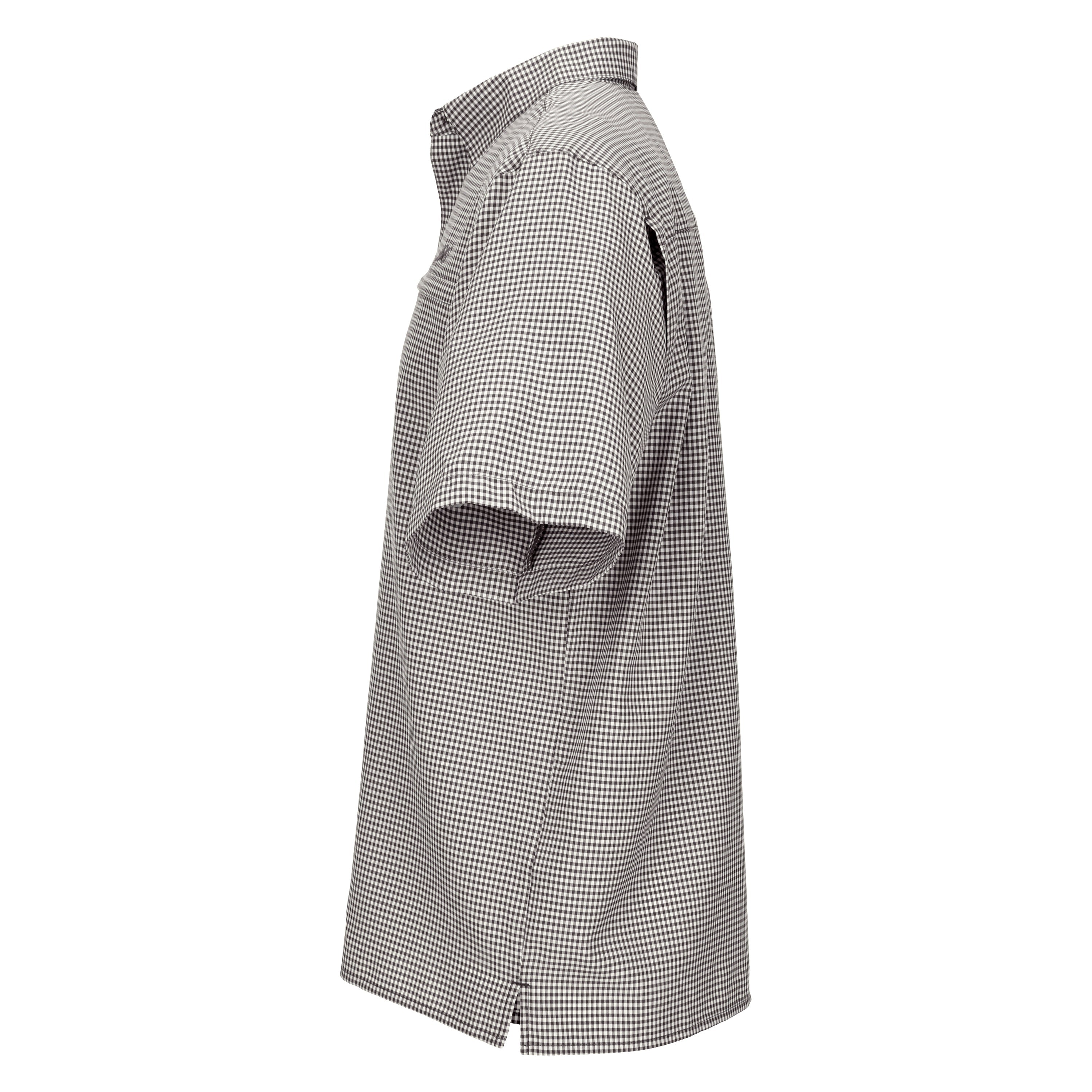 Side view of a black and white checkered dress on a white background