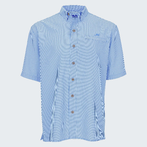 Blue checkered short-sleeve shirt on a white background