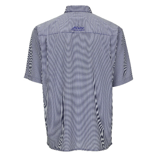 Back view of a checkered polo shirt with a brand logo on a white background