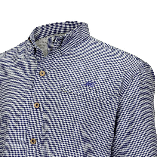 Blue and white checkered shirt with a brand logo on a white background