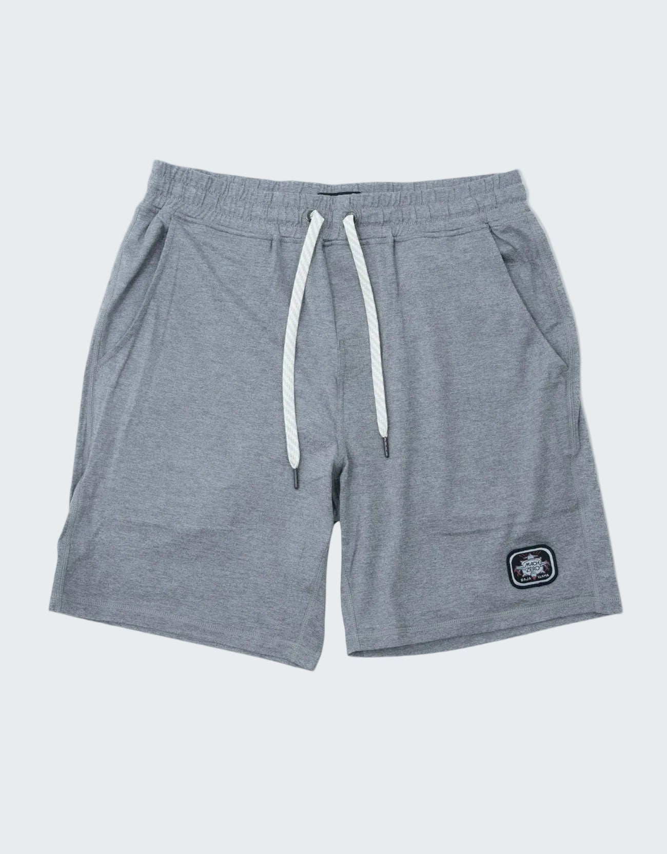 Gray shorts with a drawstring on a white background