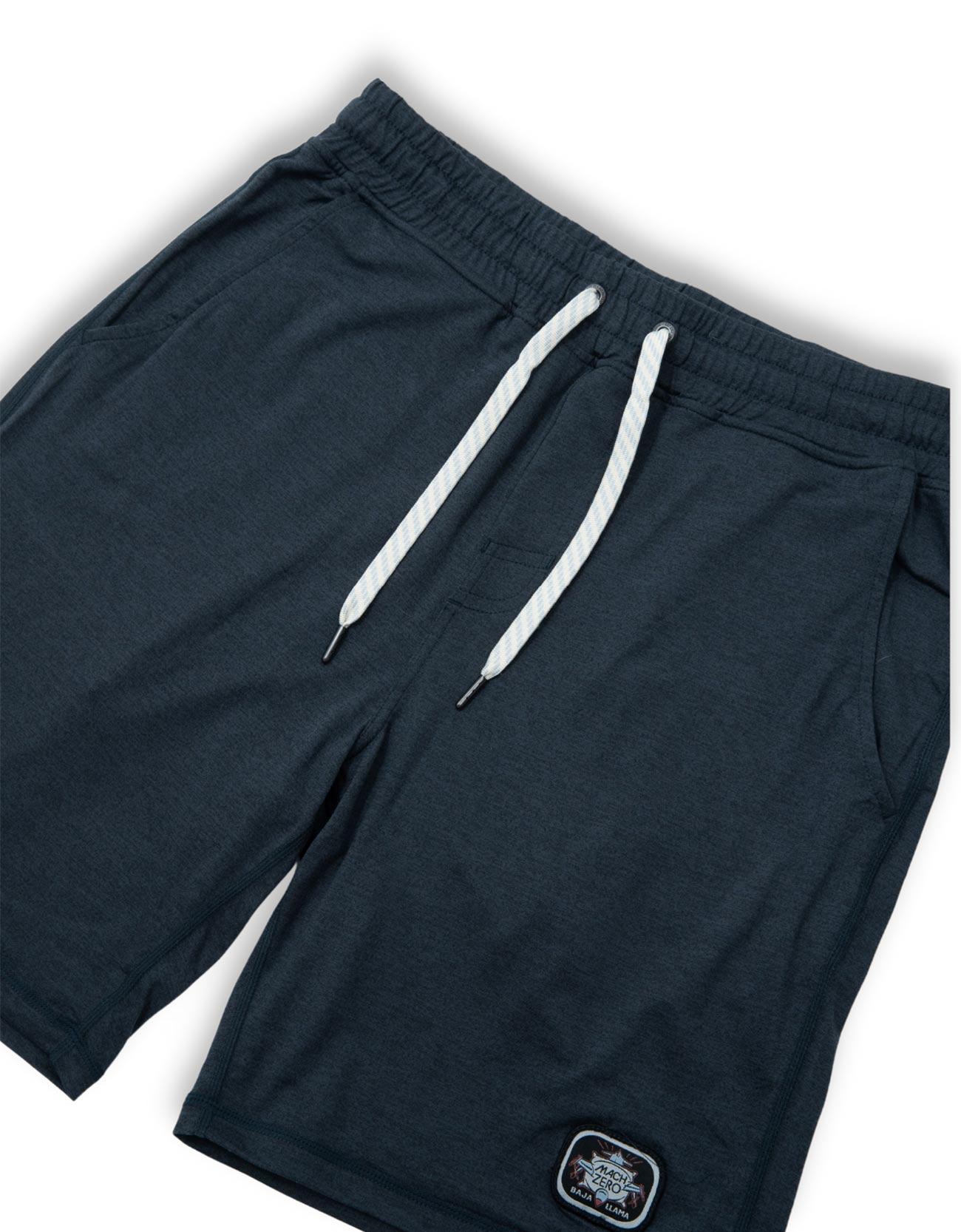 Navy shorts with white drawstring on a white background