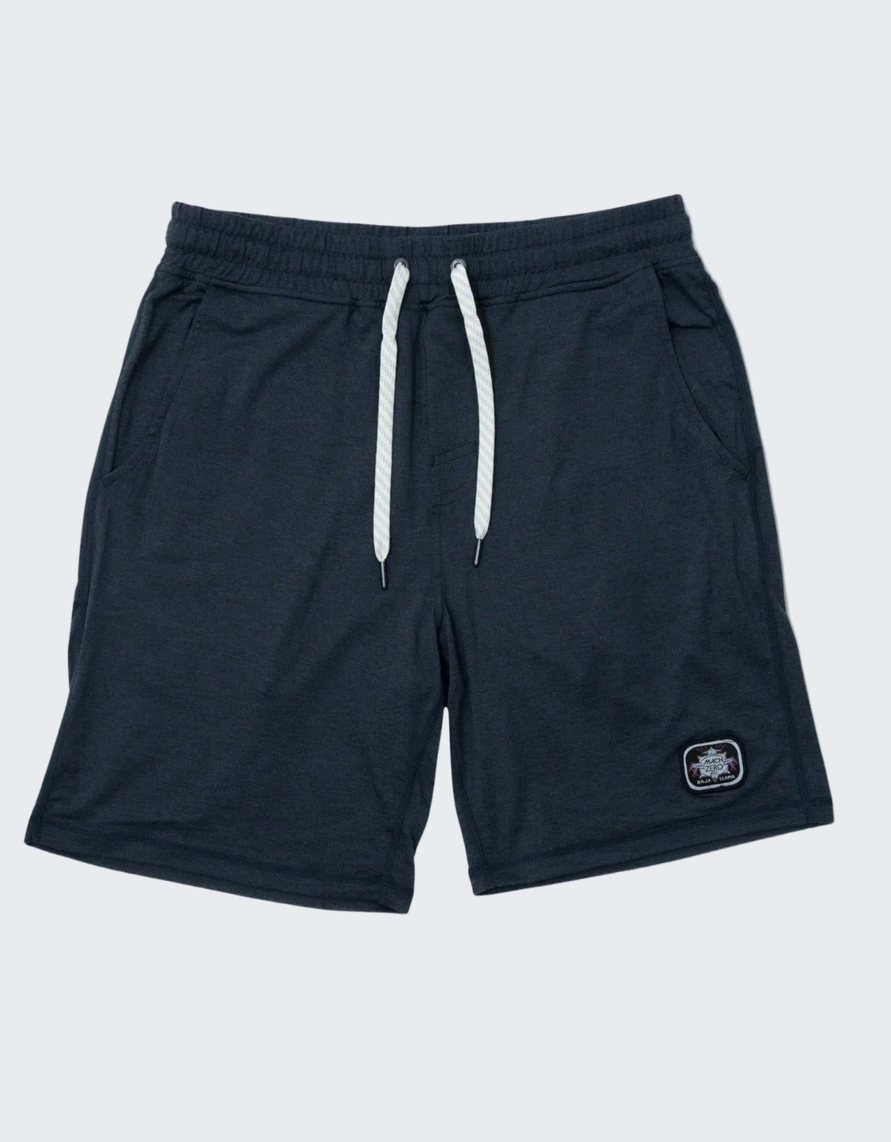 Navy shorts with a white drawstring on a white background