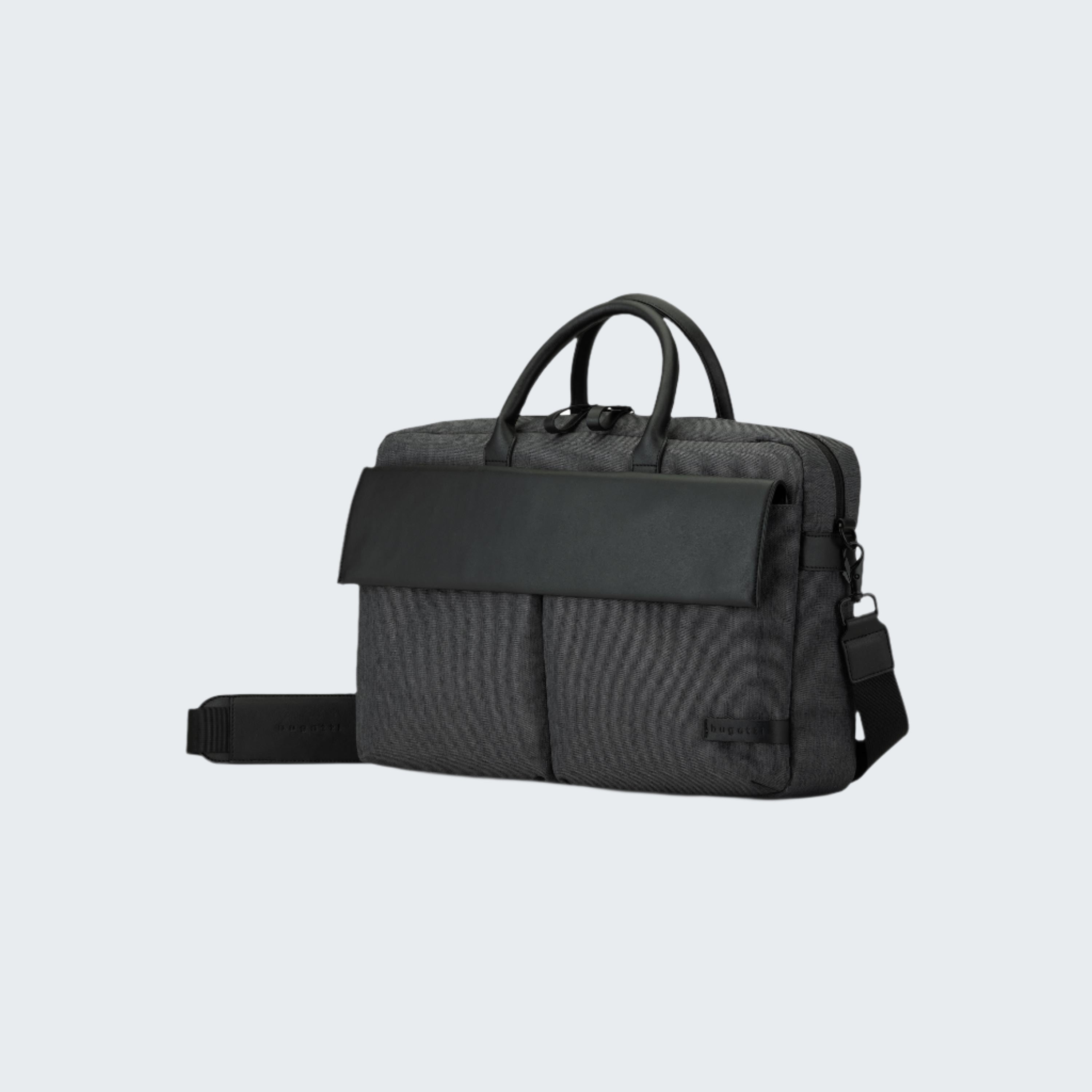 Black briefcase with a strap on a white background