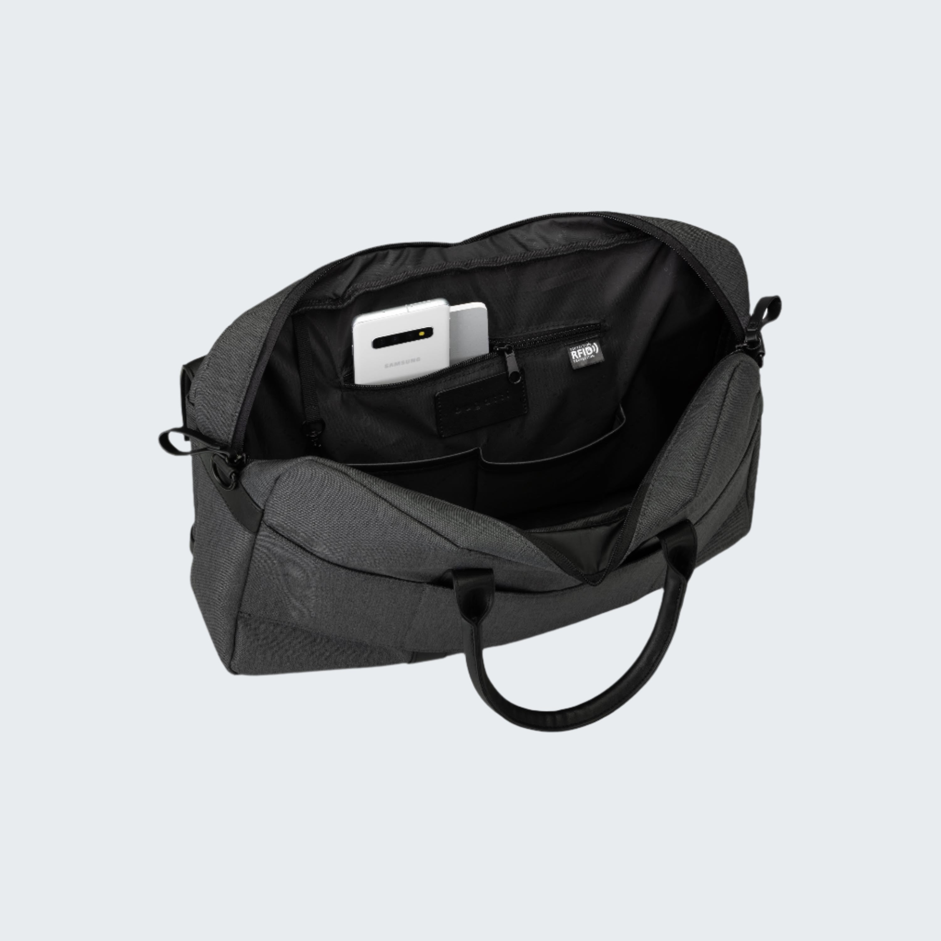 Black duffel bag with a handle on a white background