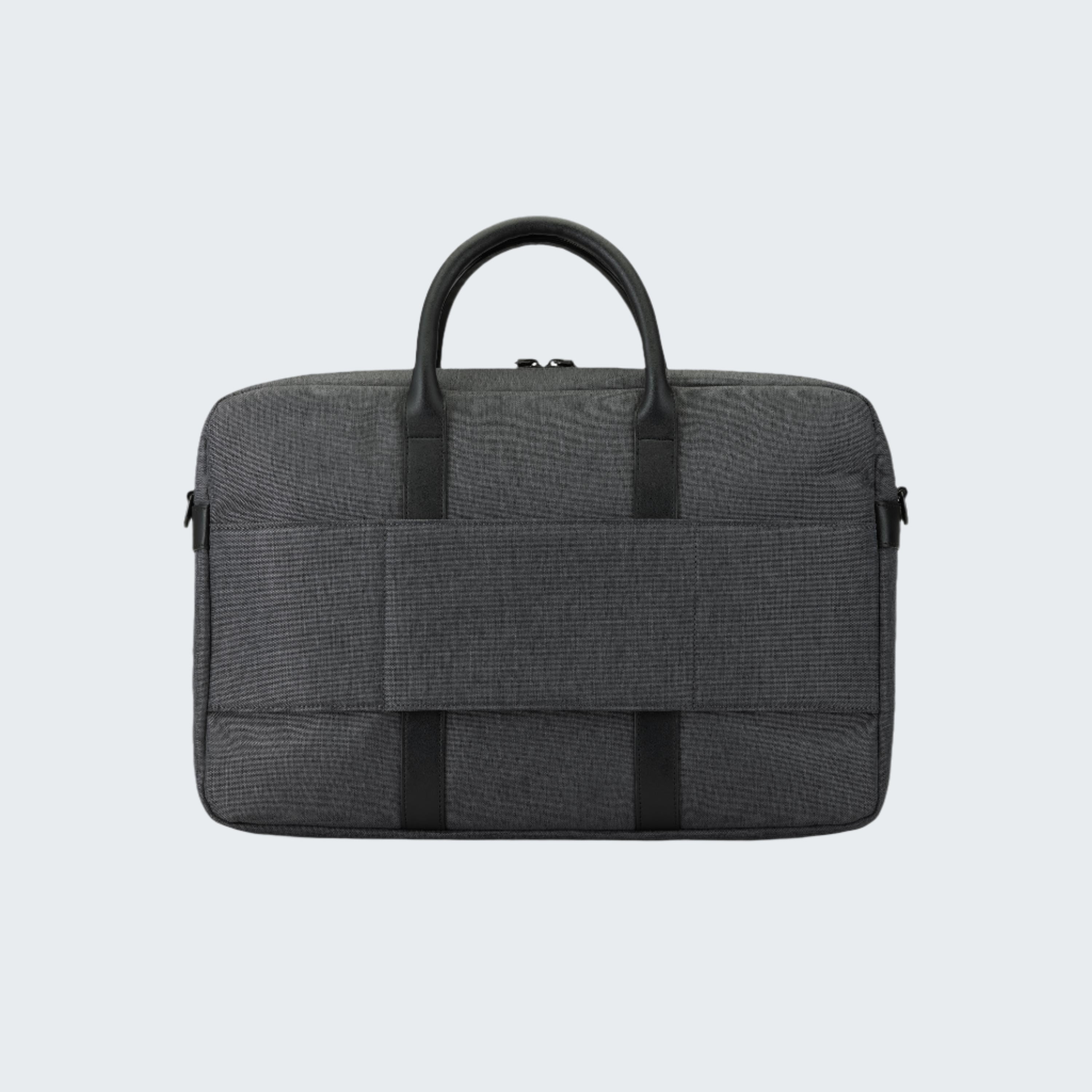 Gray briefcase with black straps on a white background