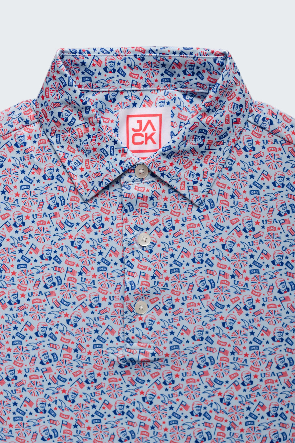 Patterned shirt with a visible brand logo on a white background