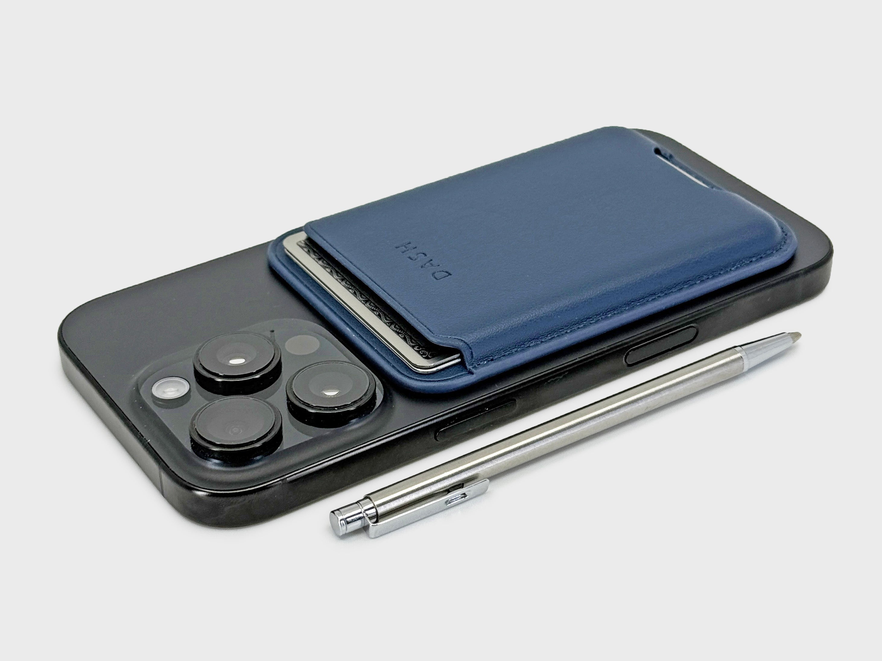 Smartphone with a blue Folio case and stylus on a light gray background