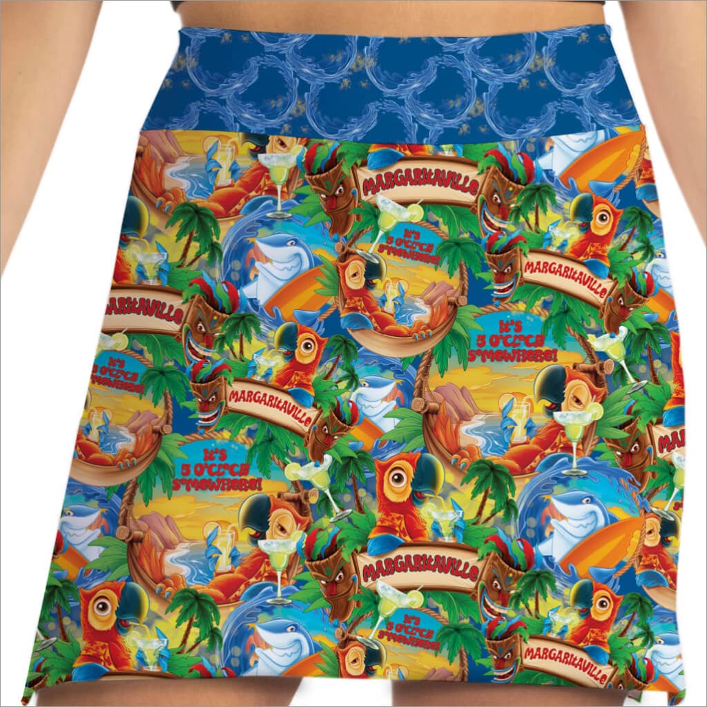 Colorful skirt with Margaritaville-themed design featuring parrots, drinks, and tropical elements.