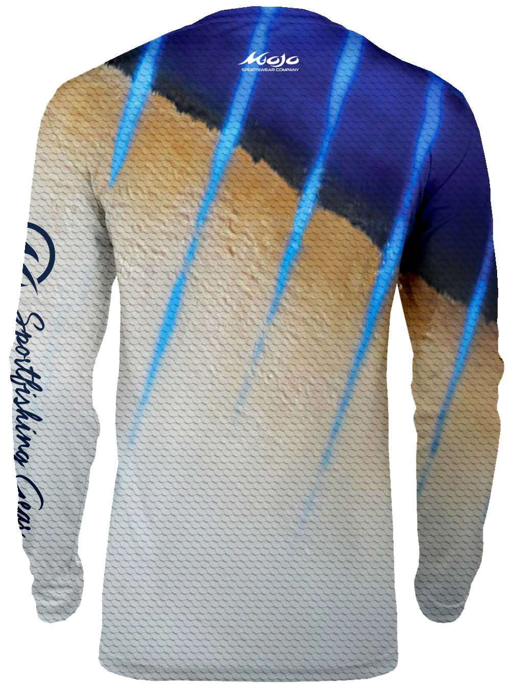 Long-sleeve shirt with gradient design and branding on a white background