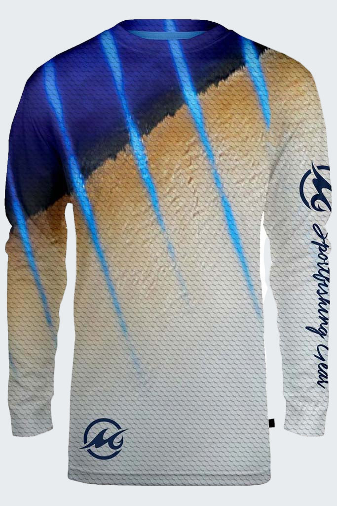 Long-sleeve shirt with gradient design and brand logo on a white background