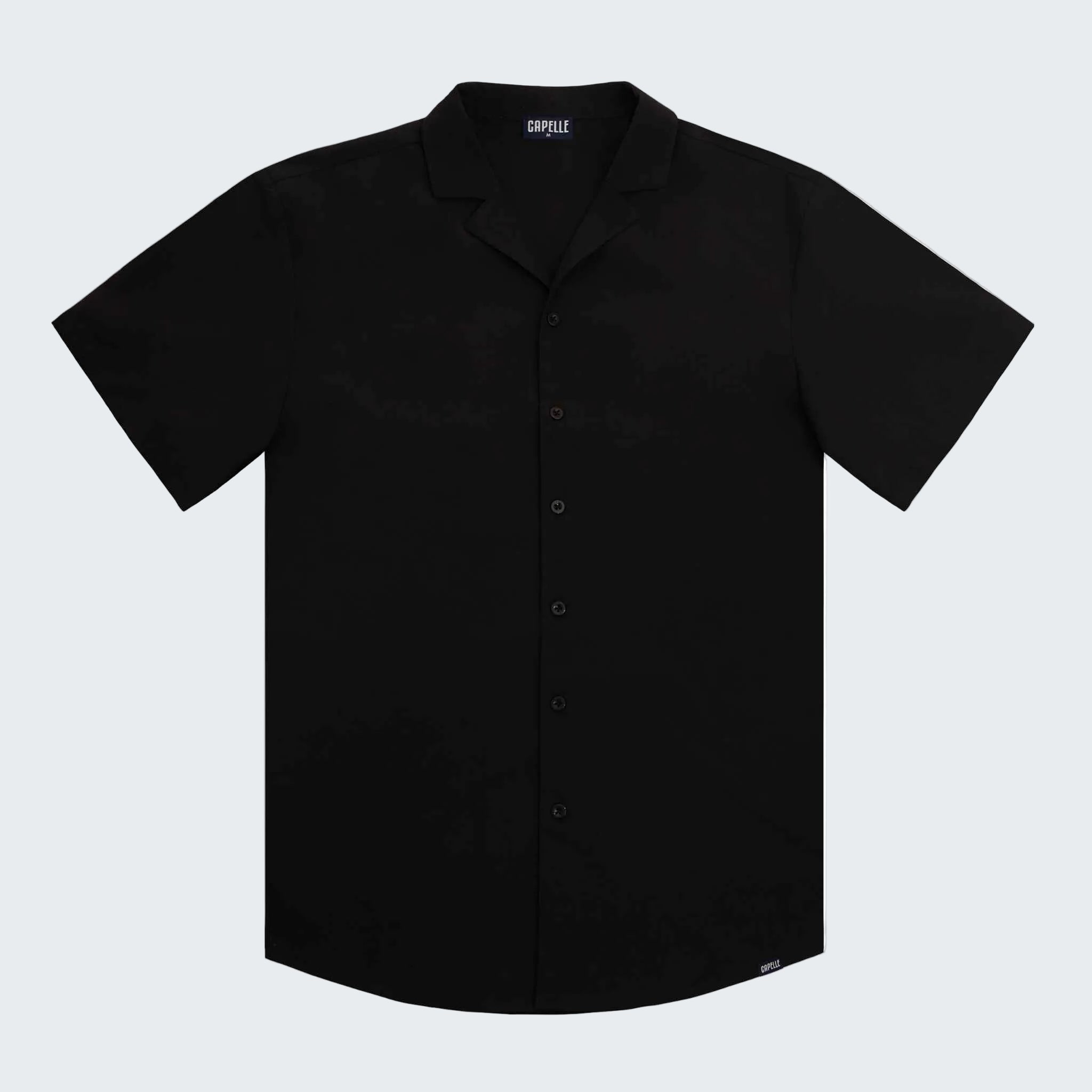 Black short-sleeve button-up shirt on a white background