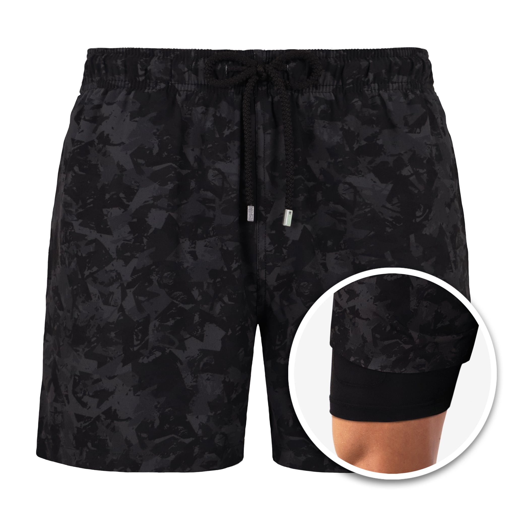 Black camouflage shorts with a close-up inset showing the texture.