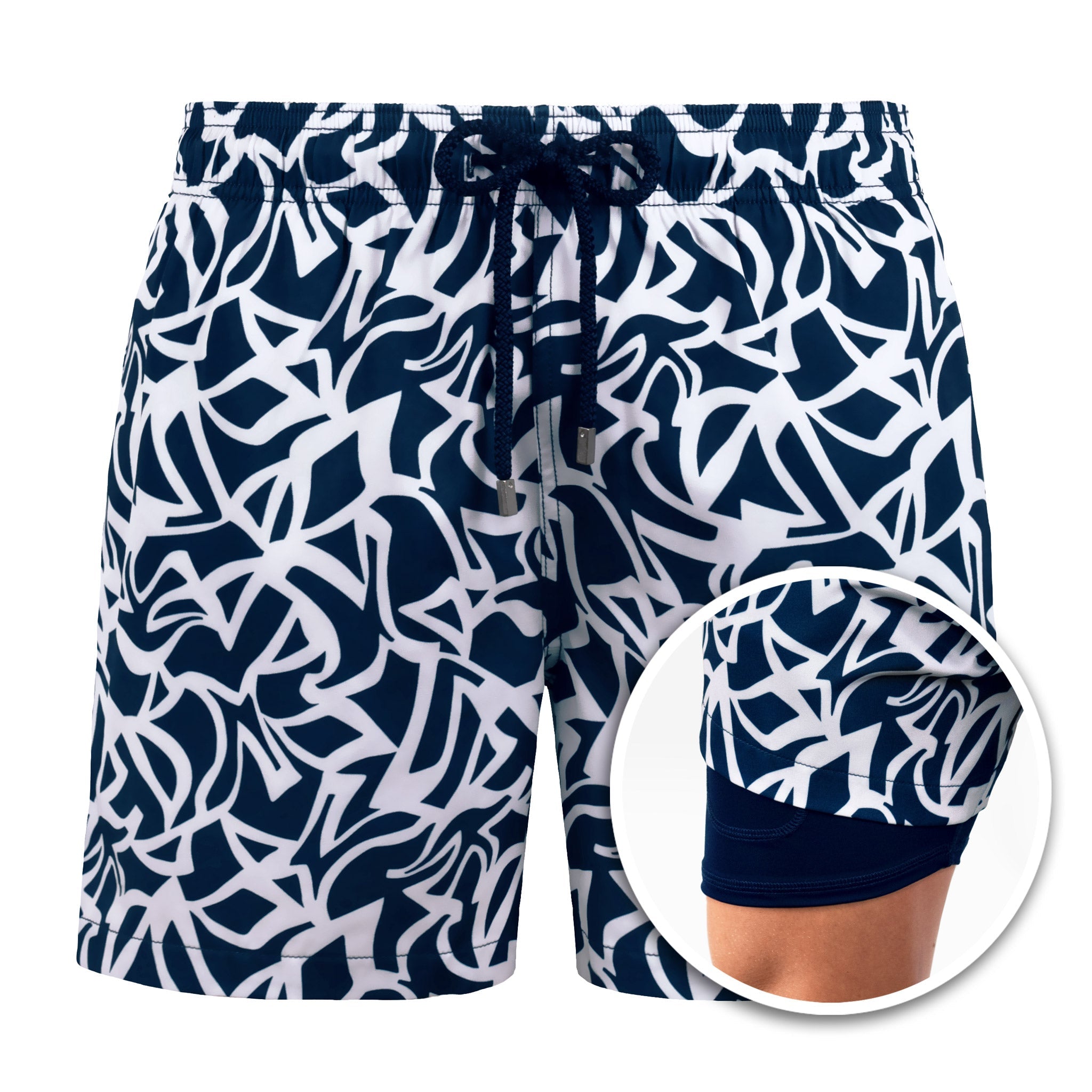 Navy blue and white patterned shorts with a close-up inset showing the design.