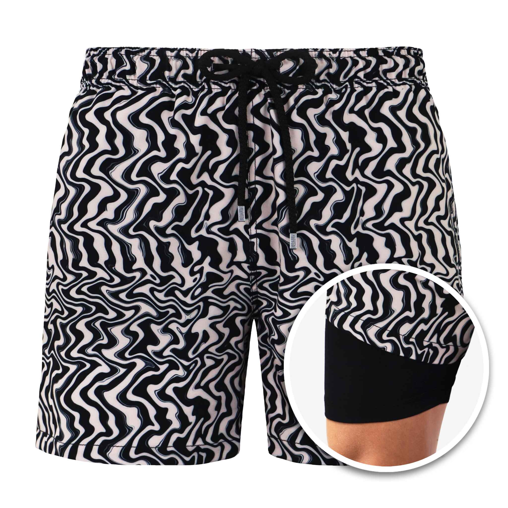 Black and white patterned shorts with a close-up inset showing the texture.