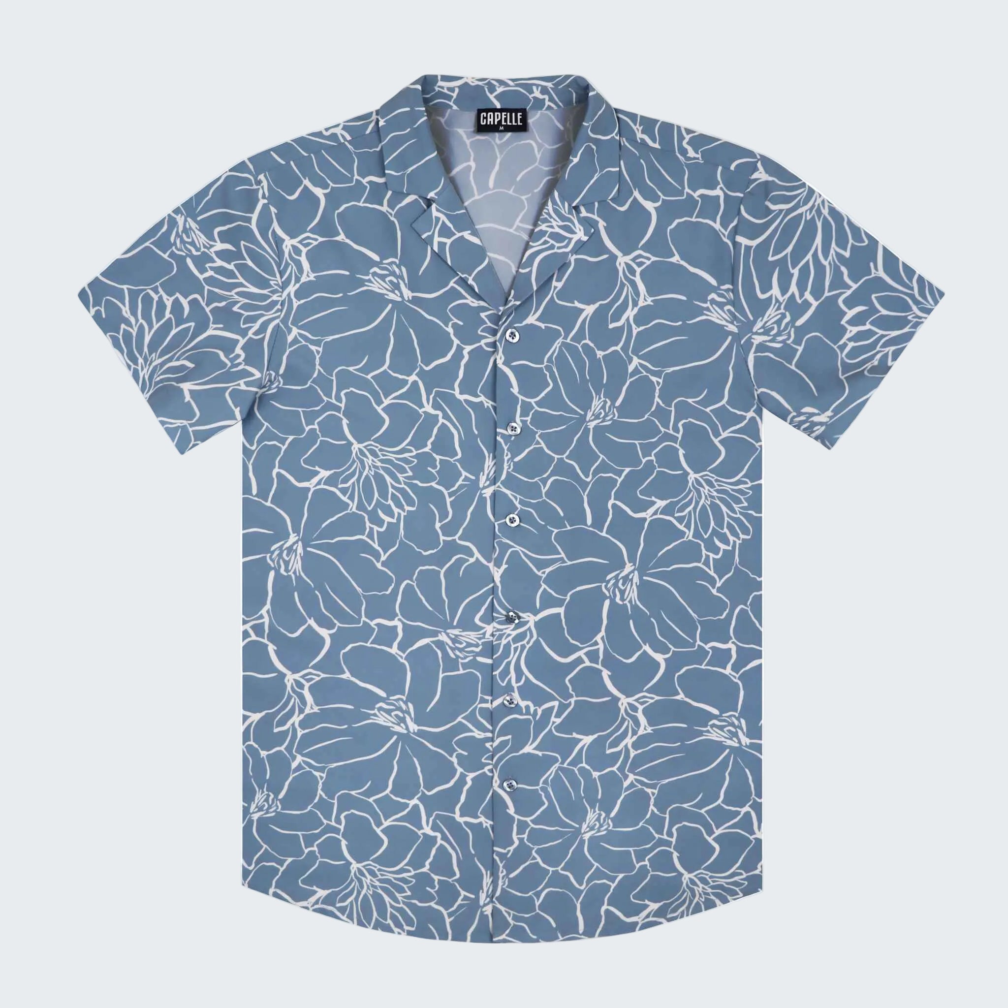 Blue floral patterned shirt on a white background