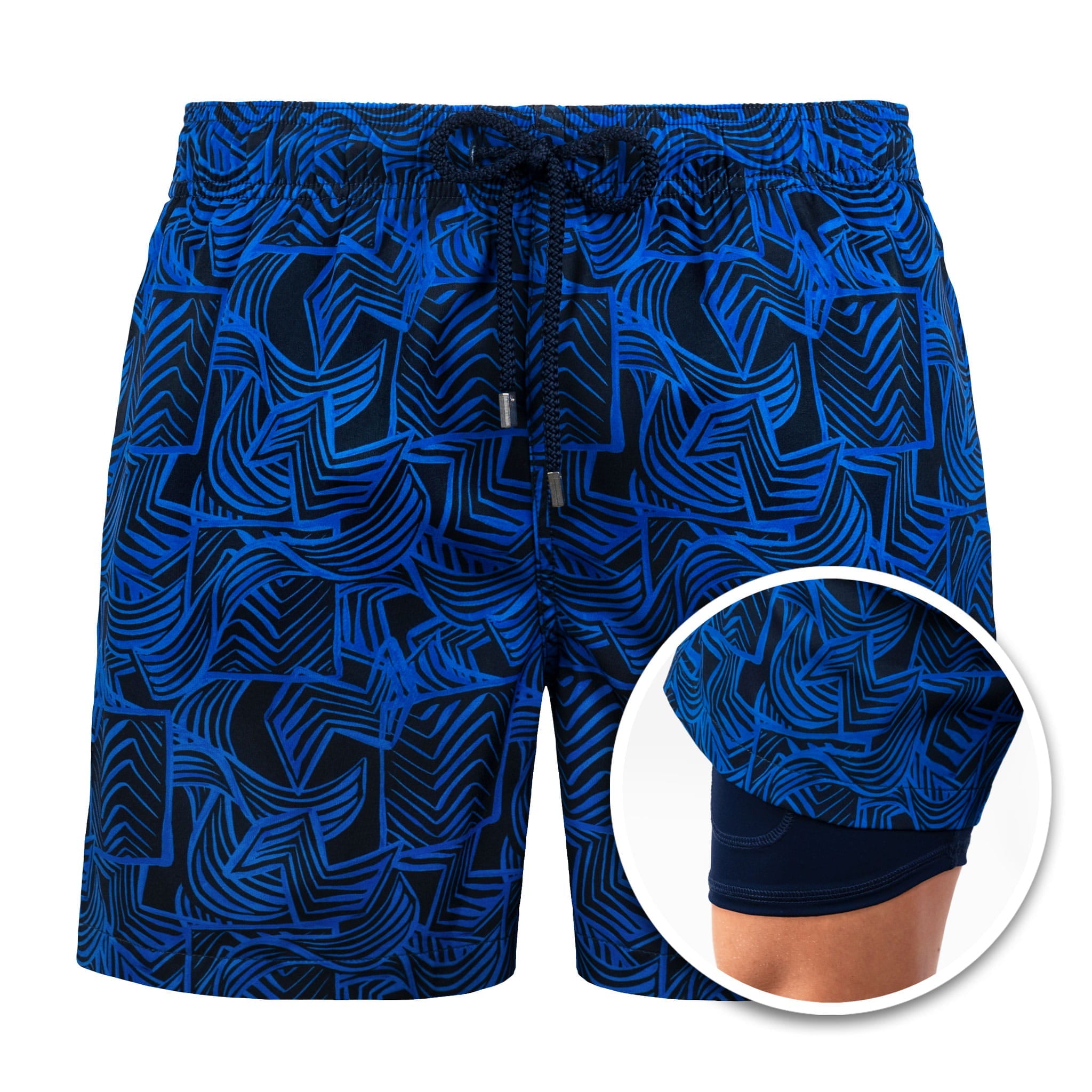 Blue patterned shorts with a close-up inset showing the texture.