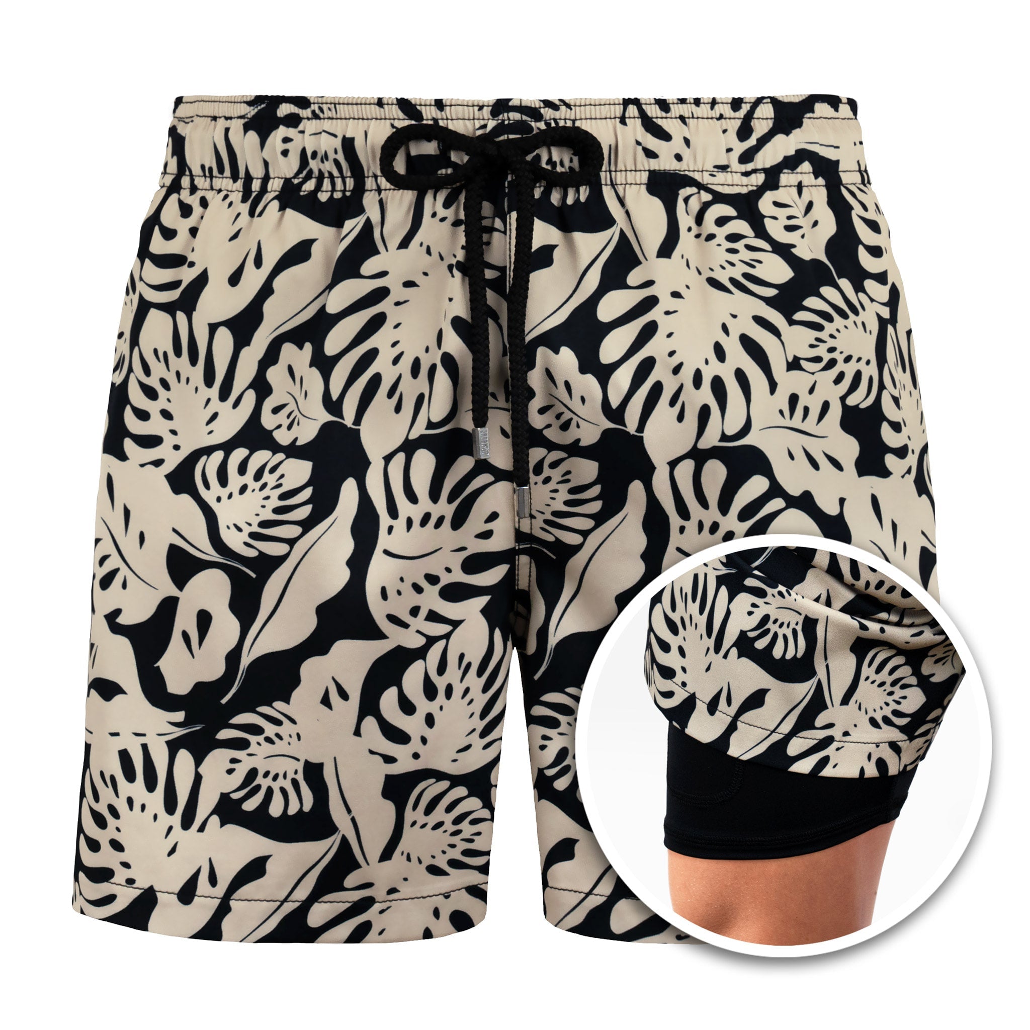 Tropical leaf patterned shorts with a close-up inset on a white background